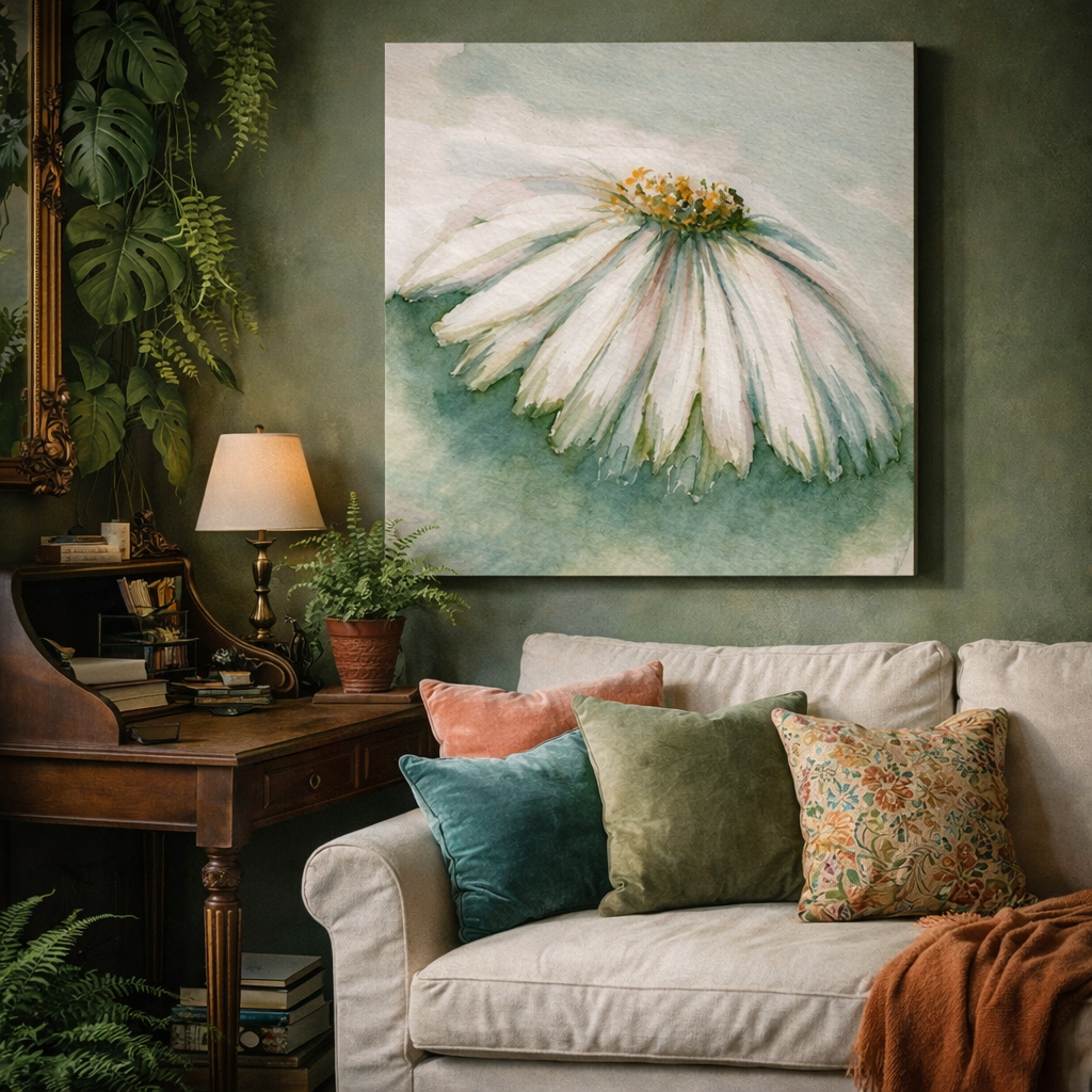 Living room with a couch, decorative pillows, and a large floral painting on the wall.