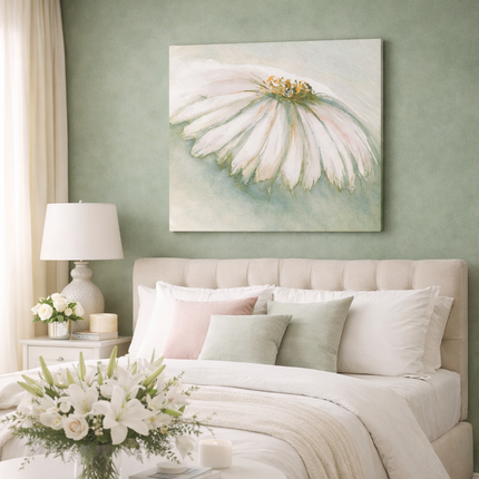 Decorative bedroom with a large floral painting on the wall, white bedding, and a lamp.