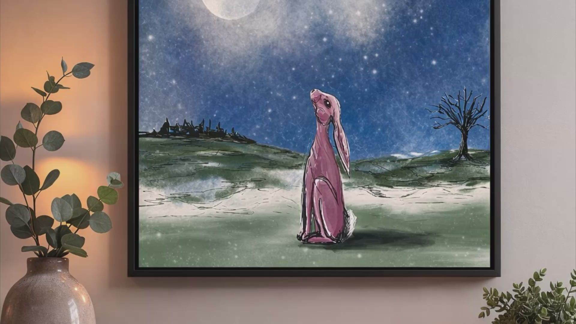 Moonlit Hare Wall Art Canvas | Stargazer Hare Art Framed Print