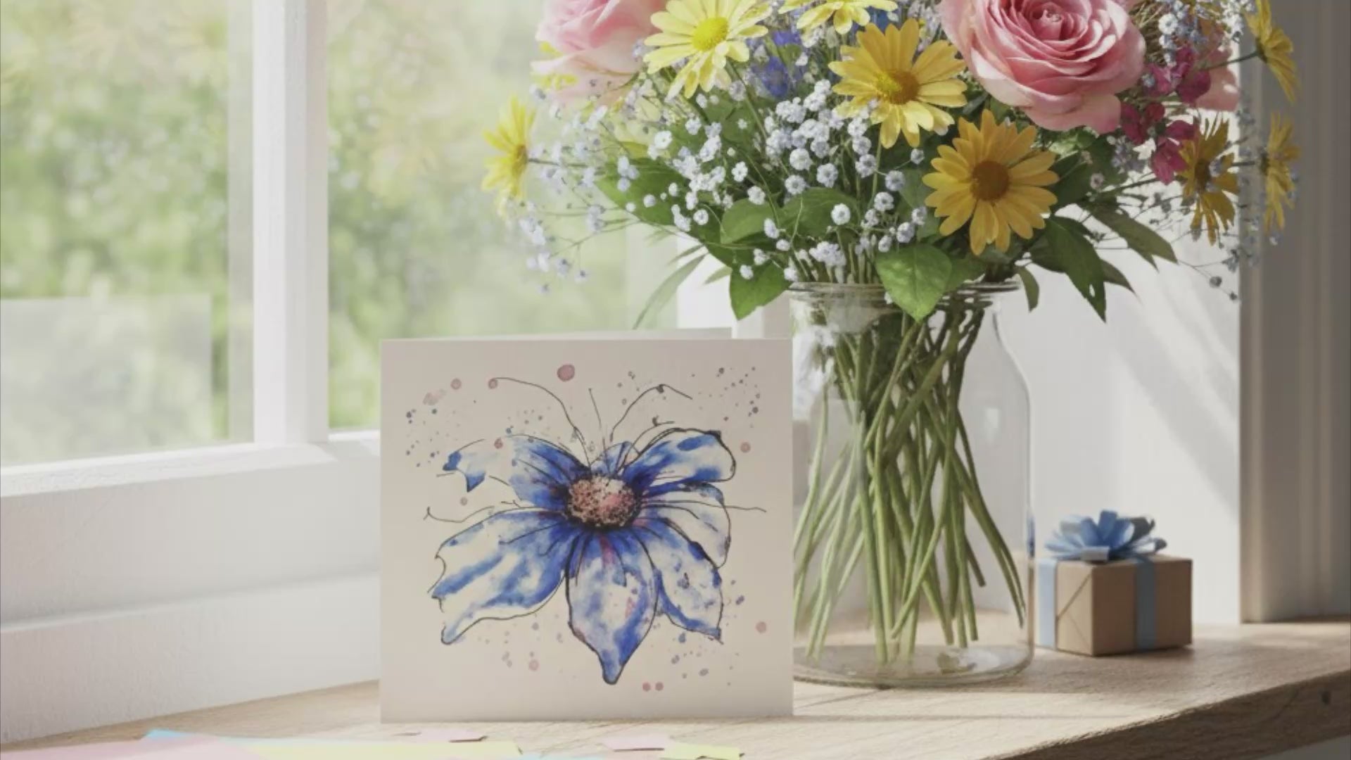 Blue cosmos petals card 