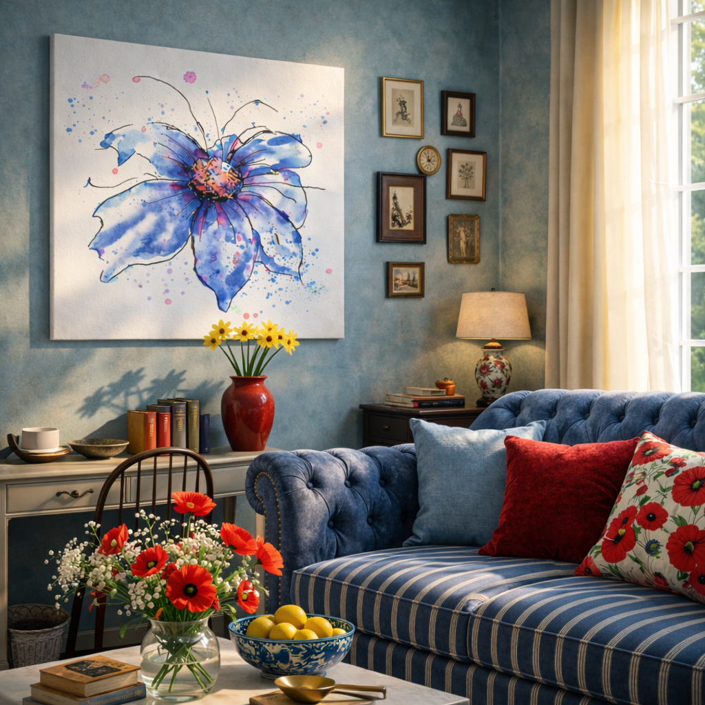 Blue Cosmos Petals Stretched Canvas Wall Art | Watercolour Floral Artwork