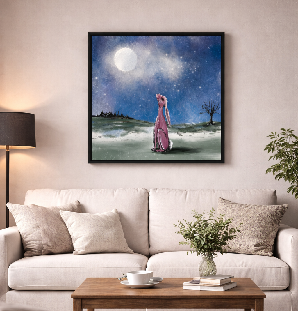 Stargazer Hare framed canvas artwork styled in a modern living room