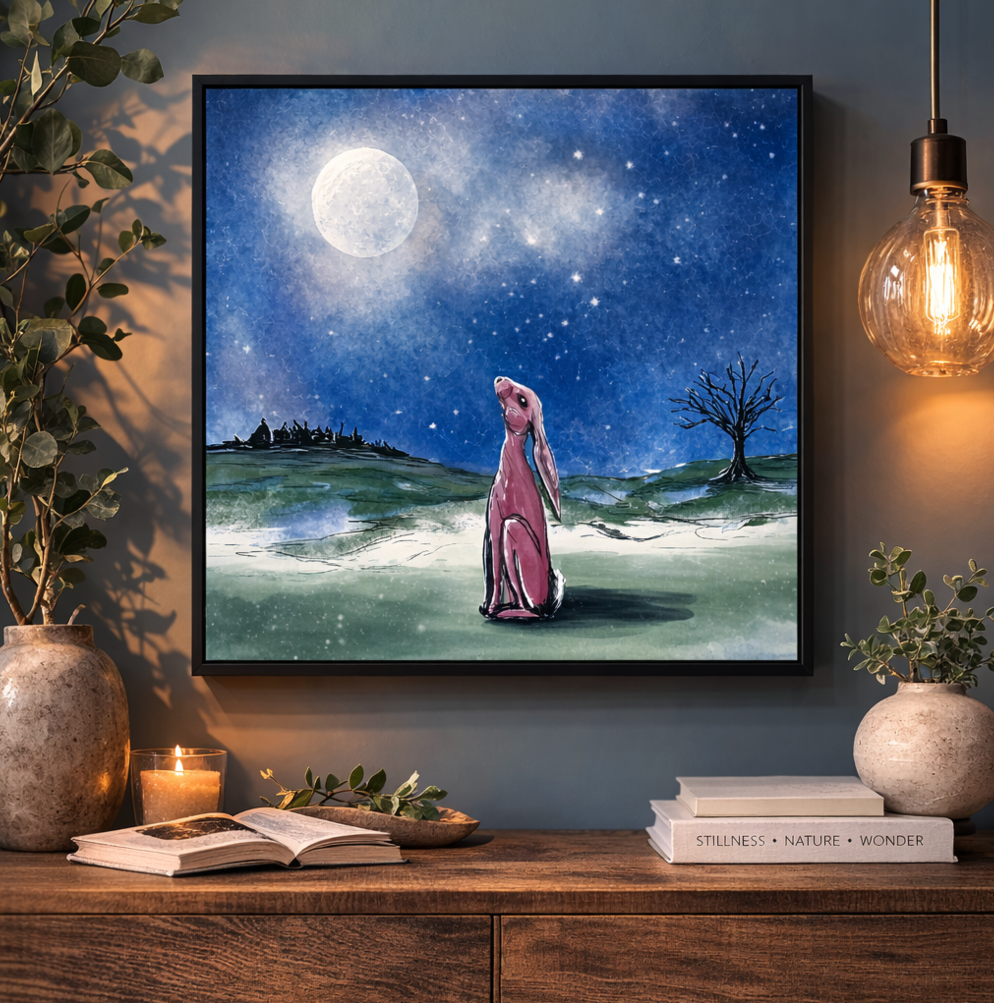 Stargazer Hare framed canvas wall art in a calm modern living room